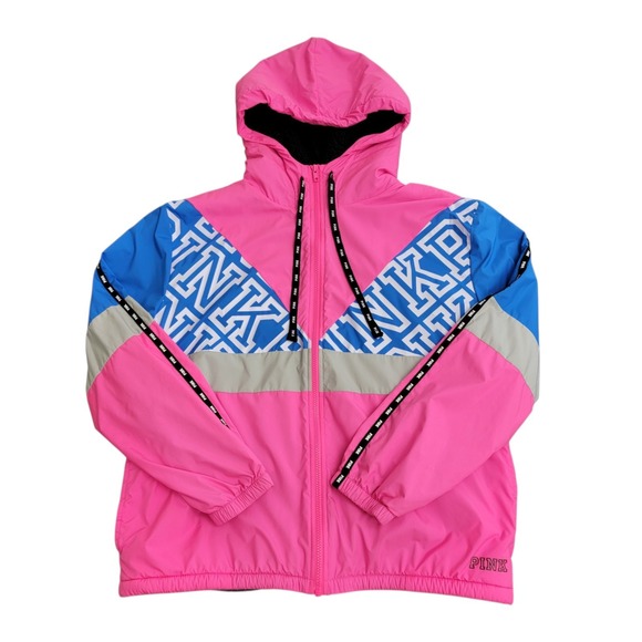 Victorias‎ Secret Jacket M/L Retro Sherpa Lined Neon Pink Blue Hooded Zip Coat - Picture 1 of 15